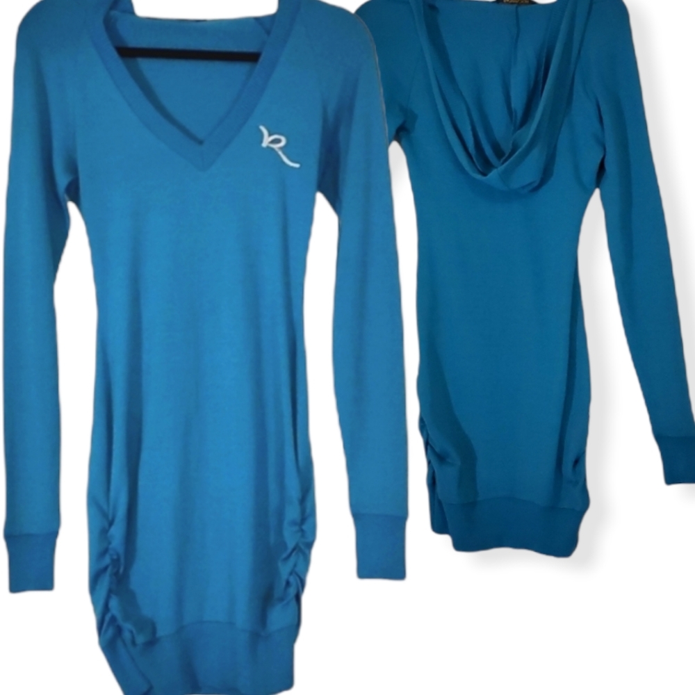 💫Y2K🩵Rocawear🤍Ruched Hooded Sweater Dress, Size M, Color: Turquoise, NWOT